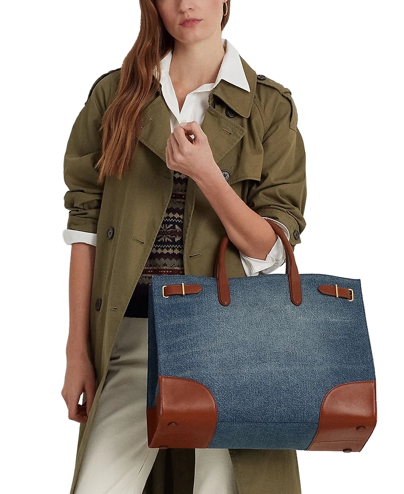 Lauren Ralph Lauren Devyn Denim with Leather Trim Extra-Large Tote Bag