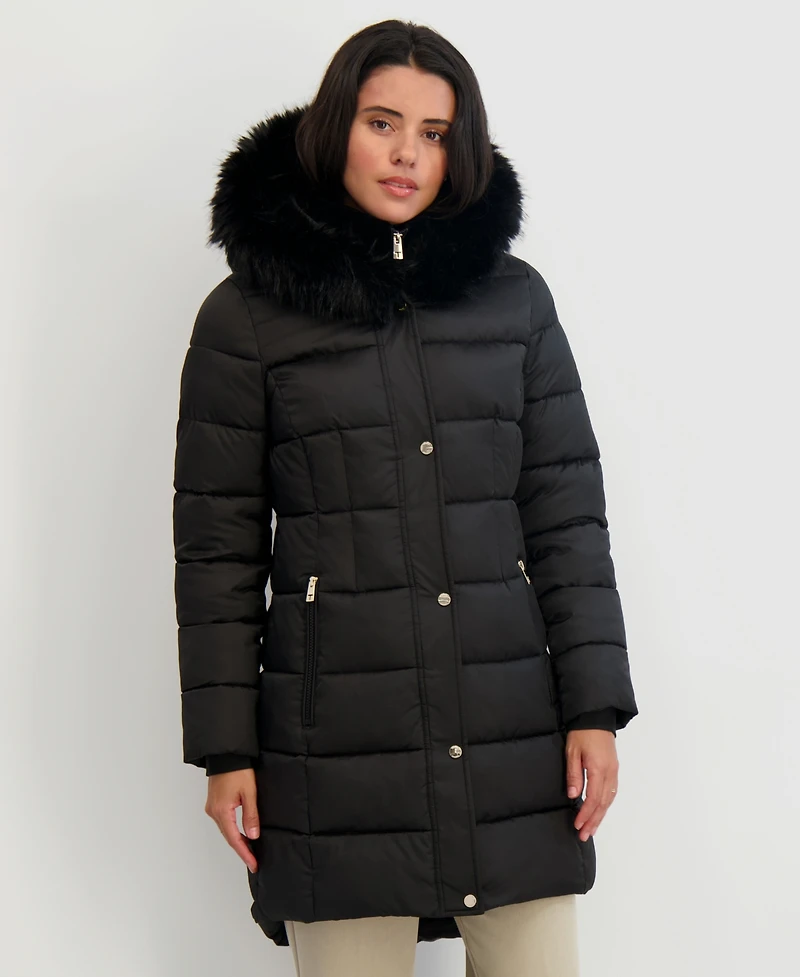 Tahari Womens Velvet Bibbed Faux-Fur Hooded Puffer Coat
