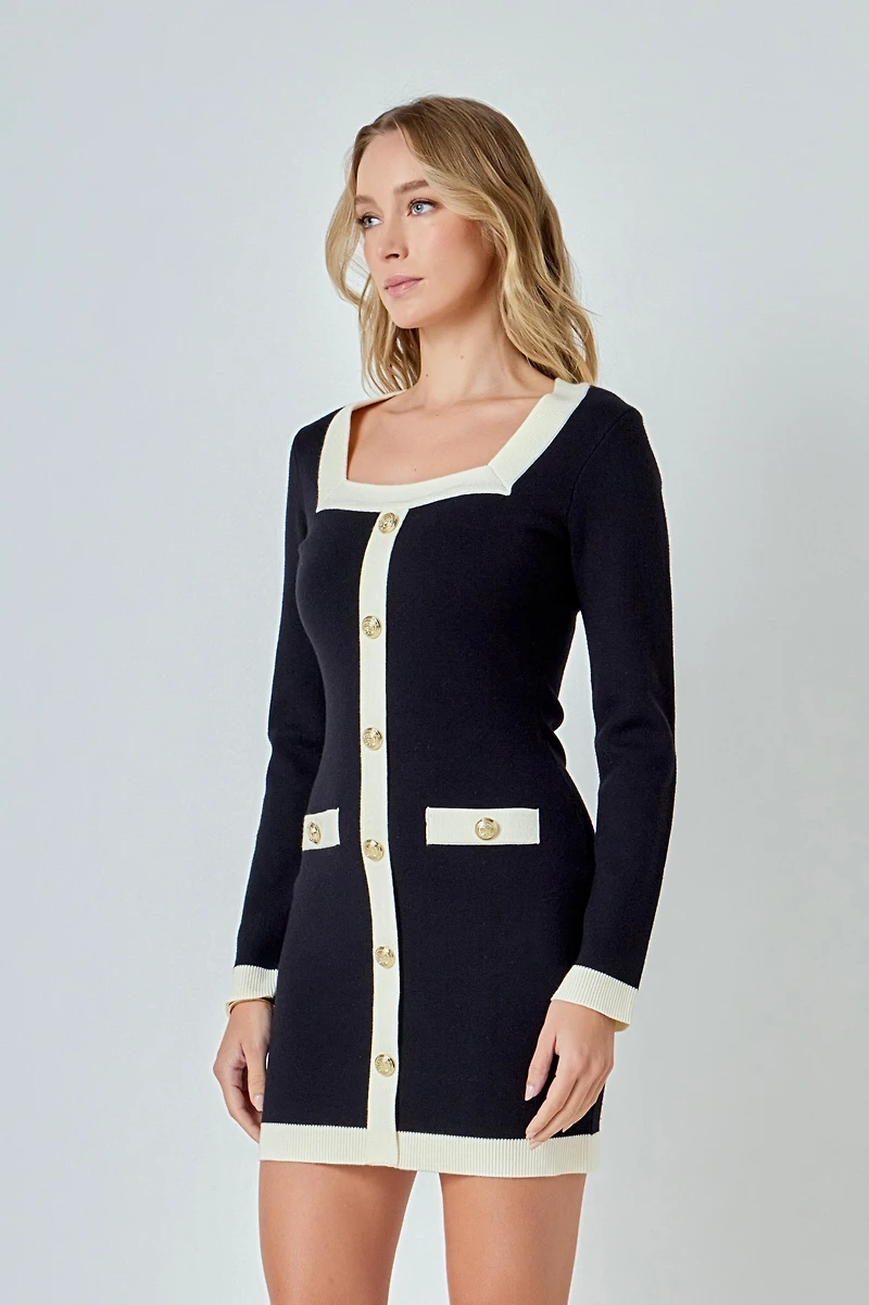 endless rose Women's Square Neck Knit Contrast Dress