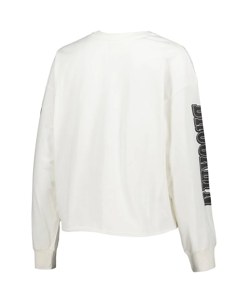 Women's '47 Brand Cream Brooklyn Nets Parkway Brush Back Long Sleeve Cropped T-shirt