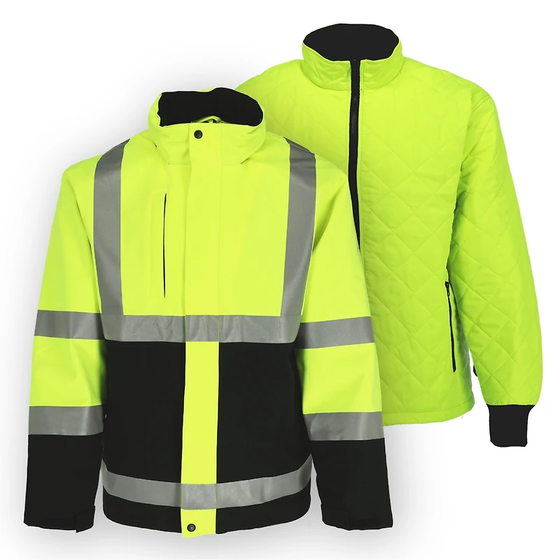 RefrigiWear Men's HiVis 3-in-1 Rainwear Jacket - High Visibility, Waterproof, Breathable, Reflective Safety Coat with Removable Liner