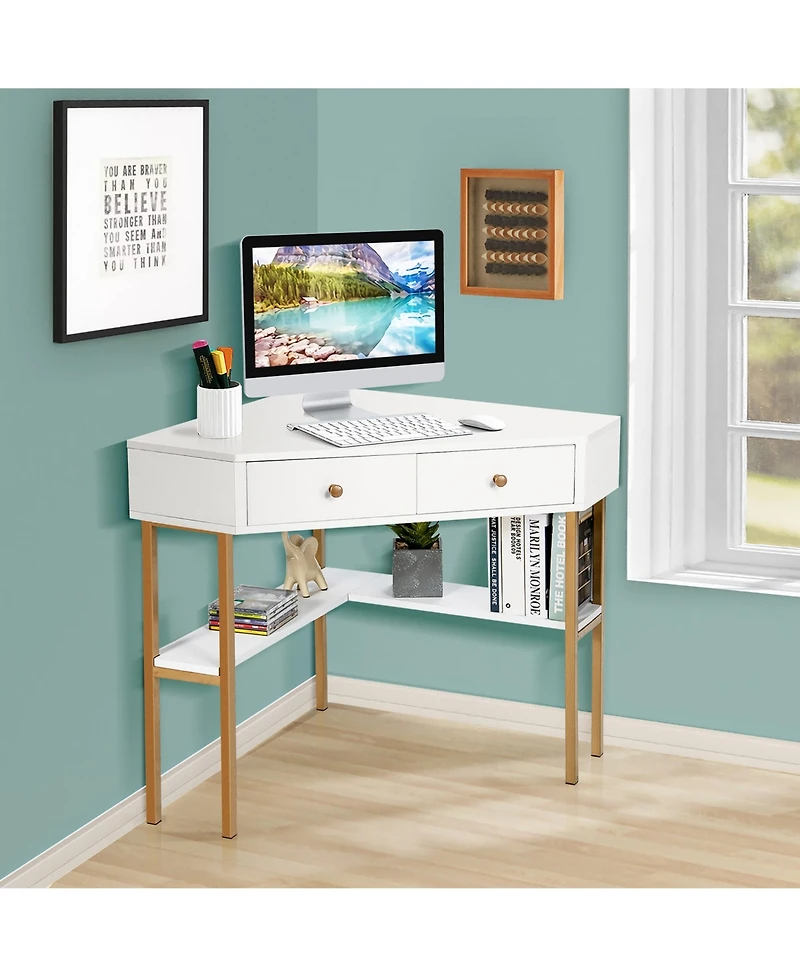 Costway Corner Computer Desk Writing Workstation Study Desk w/ 2 Drawers