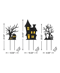 Glitzhome 24" H Halloween Metal Haunted House and Ghost Tree Yard Stake Decor, Set of 3