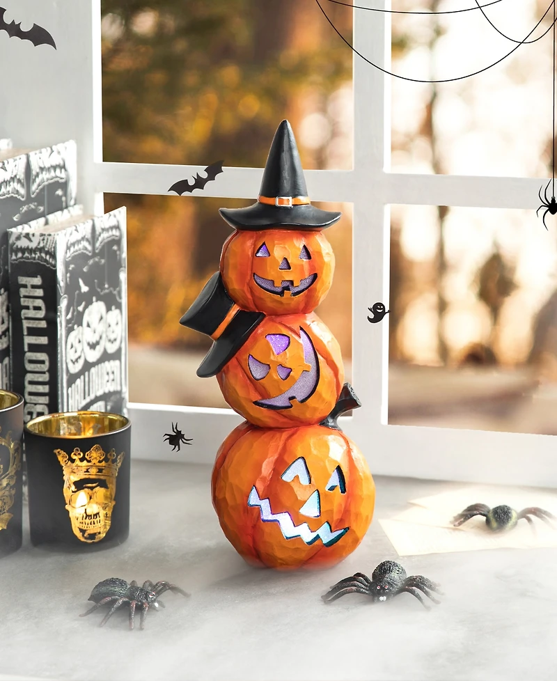 Glitzhome 14.25" H Halloween Lighted Stacked Resin Pumpkin Table Decor