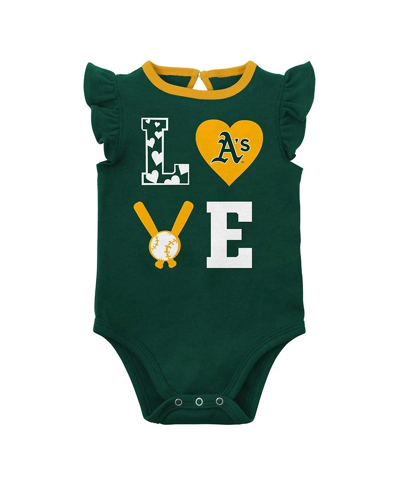 Newborn and Infant Boys Girls Green, Gold Oakland Athletics Three-Piece Love of Baseball Bib Bodysuit Booties Set