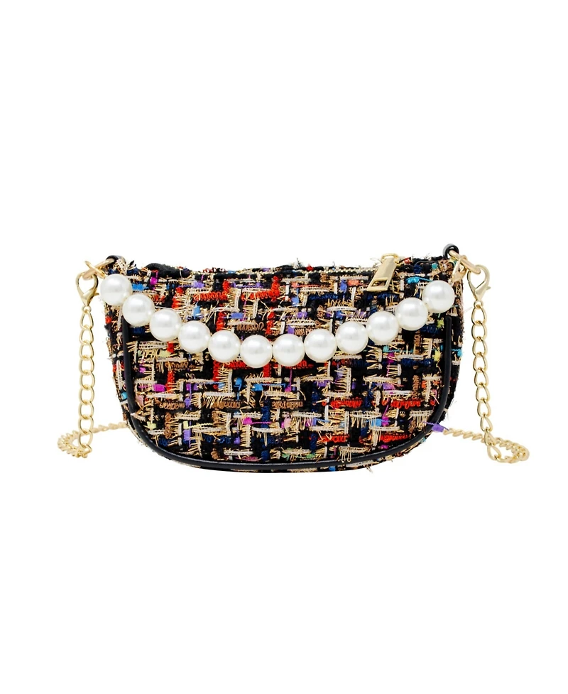 Tiny Treats Girls Black Tweed Pearl Clutch Handbag