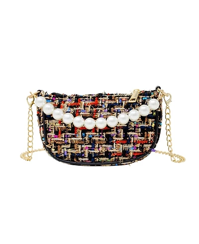 Tiny Treats Girls Black Tweed Pearl Clutch Handbag