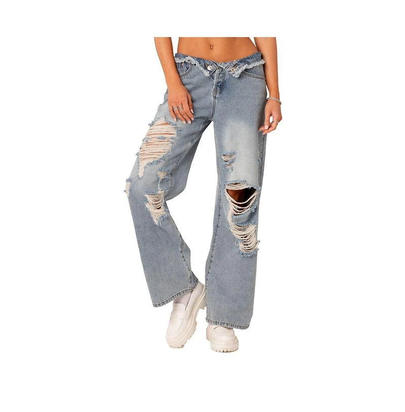 Women's Foldover Waist Jeans With Row Hem And Distressed Details
