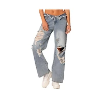 Women's Foldover Waist Jeans With Row Hem And Distressed Details