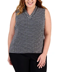 Anne Klein Plus Printed Triple-Pleat V-Neck Top