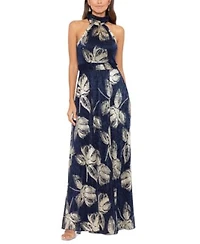 Betsy Adam Womens Metallic Print Halter Gown