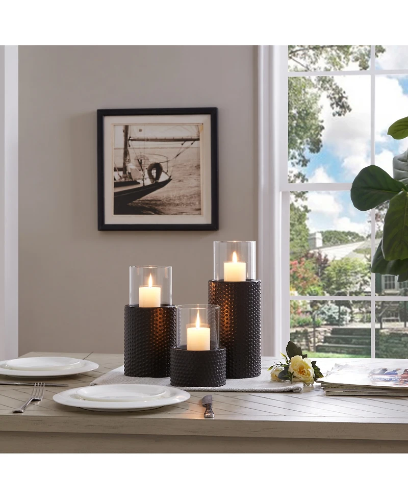 Danya B Contemporary 3-Piece Candle Holder Set with Clear Glass Hurricanes and Textured Metal Base