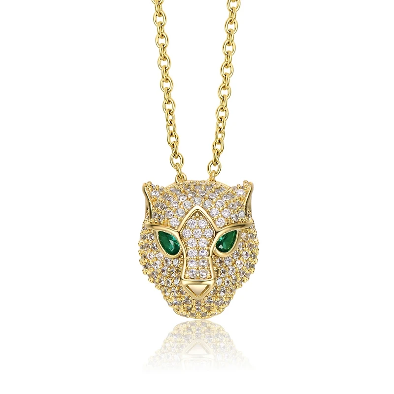 14k Yellow Gold Plated with Green & Cubic Zirconia 3D Panther Head Pendant Layering Necklace