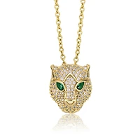 14k Yellow Gold Plated with Green & Cubic Zirconia 3D Panther Head Pendant Layering Necklace