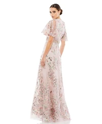 Mac Duggal Women's Floral Embellished Short Sleeve Gown