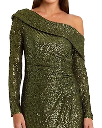 Mac Duggal Women's Ieena One Shoulder Sequin Long Sleeve Midi Dress