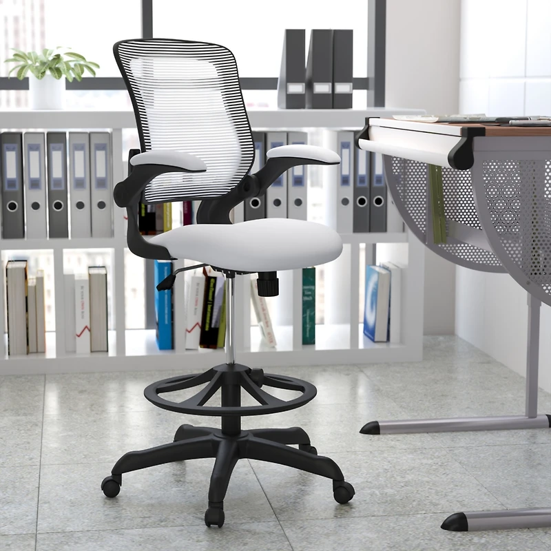 Emma+Oliver Mid-Back Mesh Ergonomic Drafting Chair With Foot Ring And Flip-Up Arms