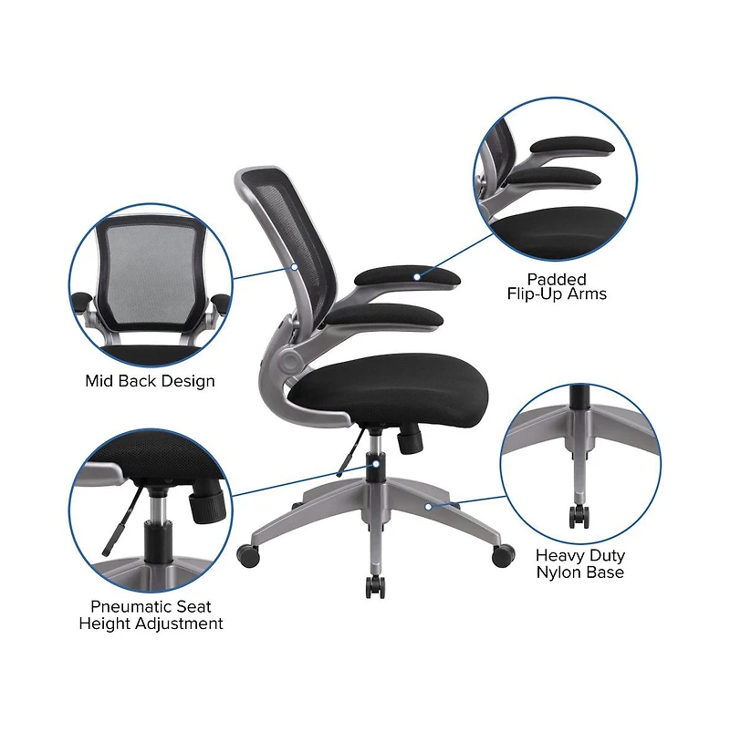 Emma+Oliver Mid-Back Mesh Swivel Ergonomic Task Office Chair With Gray Frame & Flip-Up Arms