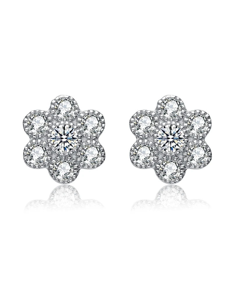 Cubic Zirconia Sterling Silver Flower Shape Stud Style Earrings