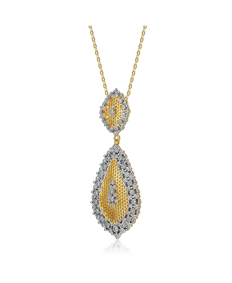 White Gold and 14K Gold Plated Cubic Zirconia Paved Teardrop Pendant Necklace
