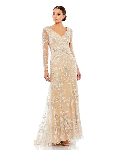 Mac Duggal Women's Embroidered V Neck Long Sleeve Trumpet Gown