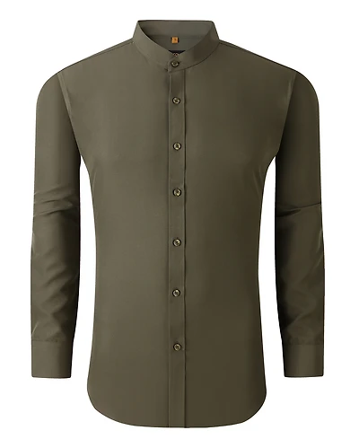 Suslo Couture Men's Slim Fit Solid Performance Collarless Button Down Shirt