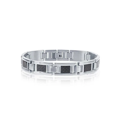 Metallo Mens Stainless Steel Black Carbon Fiber Link Bracelet