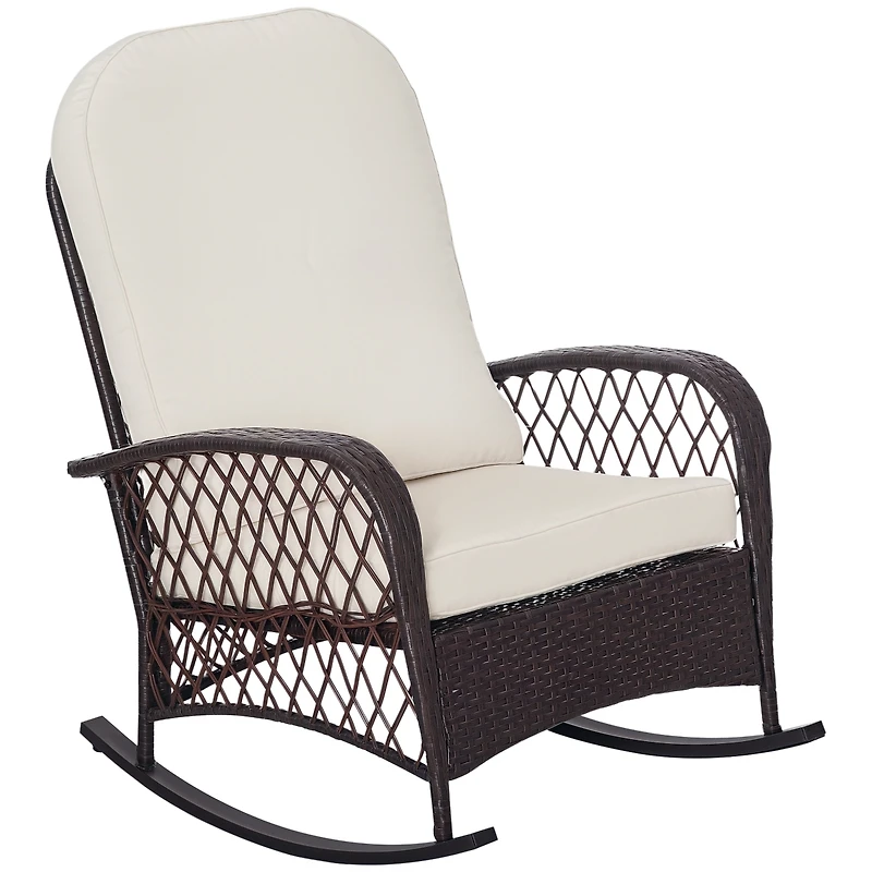 Outsunny Outdoor Wicker Rocking Chair with Wide Seat, Thick, Soft Cushion, Rattan Rocker w/Steel Frame, High Weight Capacity for Patio, Garden, Backya