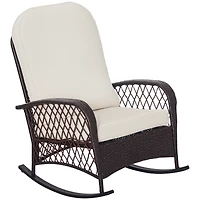 Outsunny Outdoor Wicker Rocking Chair with Wide Seat, Thick, Soft Cushion, Rattan Rocker w/Steel Frame, High Weight Capacity for Patio, Garden, Backya