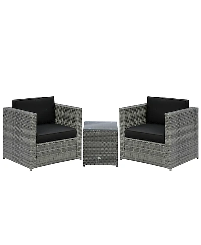 Outsunny Wicker Bistro Patio Set, 2 Porch Chairs & Glass Table,