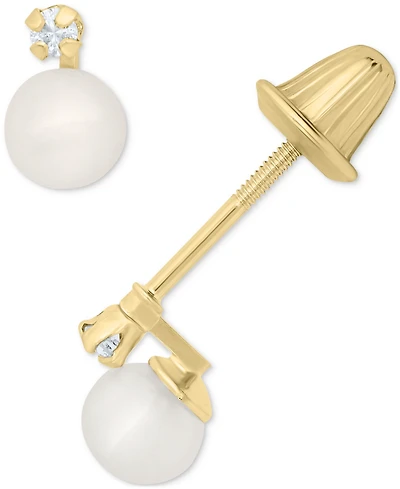 Children's Cultured Freshwater Pearl (4mm) & Diamond Accent Stud Earrings in 14k Gold