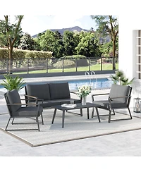 Outsunny 4 Piece Patio Furniture Set, Aluminum Conversation Set, Outdoor Garden Sofa Set with Armchairs, Loveseat, Center Coffee Table and Cushions, D