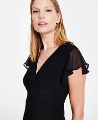 Tommy Hilfiger Women's V-Neck Chiffon-Trim Midi Dress with Flutter Sleeves