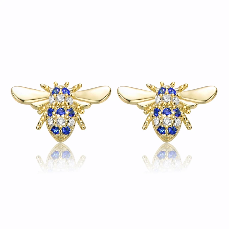 Sterling Silver Mini 7MM 14k Yellow Gold Plated with Cubic Zirconia Pave Wasp Stud Earrings