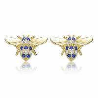 Sterling Silver Mini 7MM 14k Yellow Gold Plated with Cubic Zirconia Pave Wasp Stud Earrings