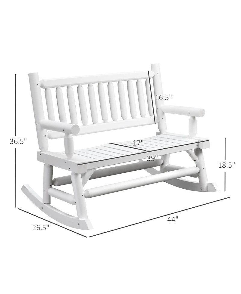 Outsunny 2-Person Wood Rocking Chair with Log Design, Heavy Duty Loveseat with Wide Curved Seats for Patio, Backyard, Garden, White