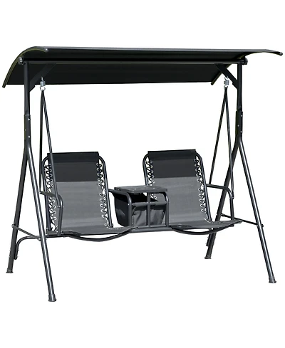 Outsunny 2-Seat Patio Swing Chair, Outdoor Canopy Swing Glider with Pivot Storage Table, Cup Holder, Adjustable Shade, Bungie Seat Suspension and Weat