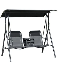 Outsunny 2-Seat Patio Swing Chair, Outdoor Canopy Swing Glider with Pivot Storage Table, Cup Holder, Adjustable Shade, Bungie Seat Suspension and Weat