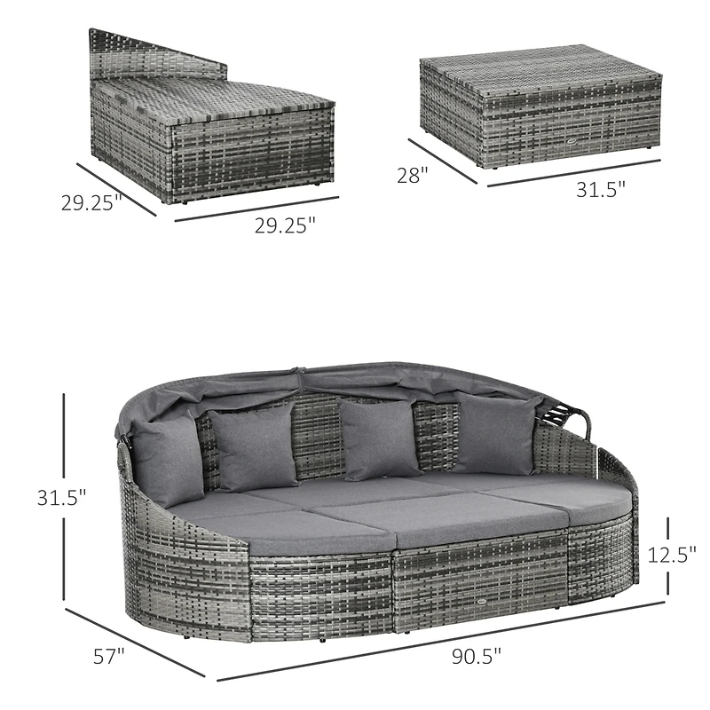 Outsunny 4-Piece Outdoor Rattan Furniture Set, Round Convertible Patio Daybed or Sunbed, Sectional Sofa with Canopy, Pillows, Cushions, Footrest, Tabl