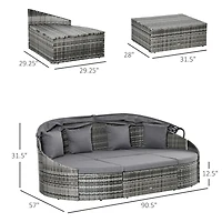 Outsunny 4-Piece Outdoor Rattan Furniture Set, Round Convertible Patio Daybed or Sunbed, Sectional Sofa with Canopy, Pillows, Cushions, Footrest, Tabl