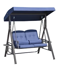 Outsunny 2-Person Patio Swing Bench with Adjustable Shade Canopy, Soft Cushions, Throw Pillows & Tray, Dark Blue