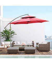 Outsunny 9' 2-Tier Cantilever Umbrella with Crank Handle, Cross Base and 8 Ribs, Garden Patio Umbrella for Backyard, Poolside, and Lawn, Red