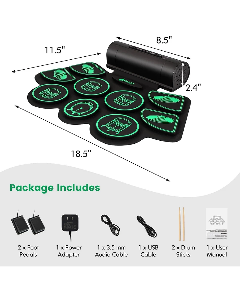9 Pads Electronic Drum Set with Sticks & Pedals, Portable Roll-up Digital Kit