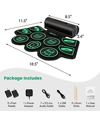 9 Pads Electronic Drum Set with Sticks & Pedals, Portable Roll-up Digital Kit