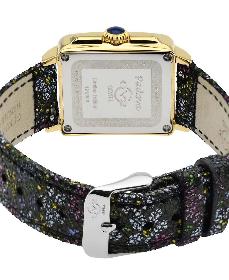 GV2 by Gevril Women's Padova Swiss Quartz Gemstone Floral Swiss Quartz Black Leather Watch 30mm