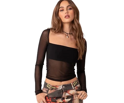 Women's Long Sleeve Square Neck Mesh Top