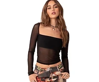 Women's Long Sleeve Square Neck Mesh Top