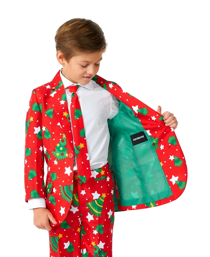 Suitmeister Big Boys Christmas Trees Stars Button Closure Suit Set Including Blazer, Pants and Clip-On-Tie