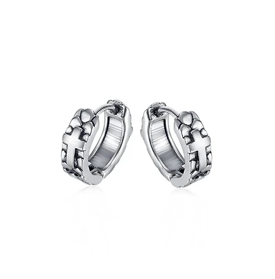 Stainless Steel Oxidized Pebbled Cross Huggie Hoop Earrings