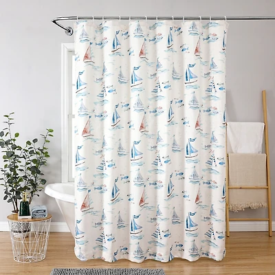 Kate Aurora Maritime Blues Coastal Sailboats And Fish Fabric Shower Curtain - 72 in. Wide x 72 in. Long